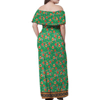 Traditional Malaysian Batik Floral Family Matching Off Shoulder Maxi Dress and Hawaiian Shirt with Green Tulip and Red Blossom Pattern