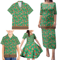 Traditional Malaysian Batik Floral Family Matching Puletasi and Hawaiian Shirt with Green Tulip and Red Blossom Pattern