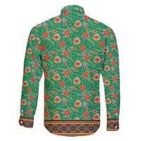 Traditional Malaysian Batik Floral Family Matching Puletasi and Hawaiian Shirt with Green Tulip and Red Blossom Pattern