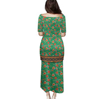 Traditional Malaysian Batik Floral Family Matching Puletasi and Hawaiian Shirt with Green Tulip and Red Blossom Pattern