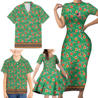 Traditional Malaysian Batik Floral Family Matching Short Sleeve Bodycon Dress and Hawaiian Shirt with Green Tulip and Red Blossom Pattern