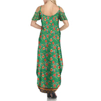 Traditional Malaysian Batik Floral Family Matching Summer Maxi Dress and Hawaiian Shirt with Green Tulip and Red Blossom Pattern