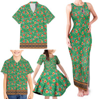 Traditional Malaysian Batik Floral Family Matching Tank Maxi Dress and Hawaiian Shirt with Green Tulip and Red Blossom Pattern