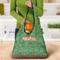 Traditional Malaysian Batik Floral Grocery Bag with Green Tulip and Red Blossom Pattern