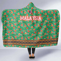 Traditional Malaysian Batik Floral Hooded Blanket with Green Tulip and Red Blossom Pattern