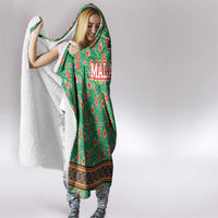 Traditional Malaysian Batik Floral Hooded Blanket with Green Tulip and Red Blossom Pattern