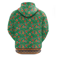 Traditional Malaysian Batik Floral Hoodie with Green Tulip and Red Blossom Pattern