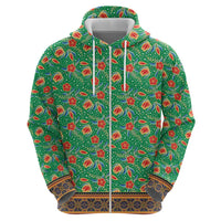 Traditional Malaysian Batik Floral Hoodie with Green Tulip and Red Blossom Pattern