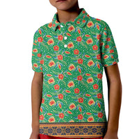 Traditional Malaysian Batik Floral Kid Polo Shirt with Green Tulip and Red Blossom Pattern