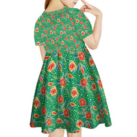 Traditional Malaysian Batik Floral Kid Short Sleeve Dress with Green Tulip and Red Blossom Pattern
