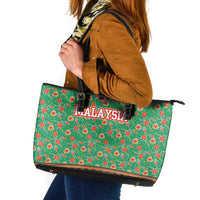 Traditional Malaysian Batik Floral Leather Tote Bag with Green Tulip and Red Blossom Pattern
