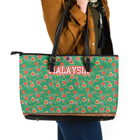 Traditional Malaysian Batik Floral Leather Tote Bag with Green Tulip and Red Blossom Pattern