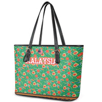 Traditional Malaysian Batik Floral Leather Tote Bag with Green Tulip and Red Blossom Pattern