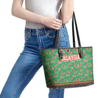 Traditional Malaysian Batik Floral Leather Tote Bag with Green Tulip and Red Blossom Pattern