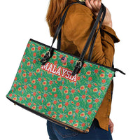 Traditional Malaysian Batik Floral Leather Tote Bag with Green Tulip and Red Blossom Pattern