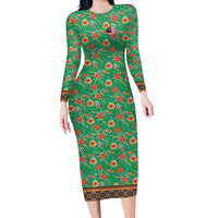 Traditional Malaysian Batik Floral Long Sleeve Bodycon Dress with Green Tulip and Red Blossom Pattern