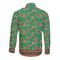 Traditional Malaysian Batik Floral Long Sleeve Button Shirt with Green Tulip and Red Blossom Pattern