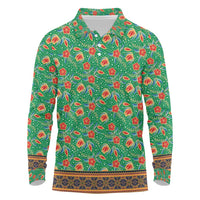 Traditional Malaysian Batik Floral Long Sleeve Polo Shirt with Green Tulip and Red Blossom Pattern
