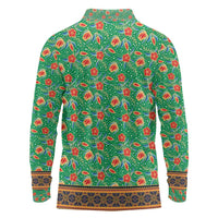 Traditional Malaysian Batik Floral Long Sleeve Polo Shirt with Green Tulip and Red Blossom Pattern
