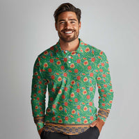 Traditional Malaysian Batik Floral Long Sleeve Polo Shirt with Green Tulip and Red Blossom Pattern