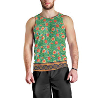 Traditional Malaysian Batik Floral Men Tank Top with Green Tulip and Red Blossom Pattern