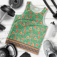 Traditional Malaysian Batik Floral Men Tank Top with Green Tulip and Red Blossom Pattern