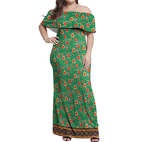 Traditional Malaysian Batik Floral Off Shoulder Maxi Dress with Green Tulip and Red Blossom Pattern