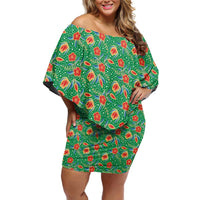 Traditional Malaysian Batik Floral Off Shoulder Short Dress with Green Tulip and Red Blossom Pattern