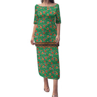 Traditional Malaysian Batik Floral Puletasi with Green Tulip and Red Blossom Pattern