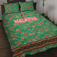Traditional Malaysian Batik Floral Quilt Bed Set with Green Tulip and Red Blossom Pattern