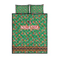 Traditional Malaysian Batik Floral Quilt Bed Set with Green Tulip and Red Blossom Pattern