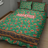 Traditional Malaysian Batik Floral Quilt Bed Set with Green Tulip and Red Blossom Pattern