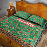 Traditional Malaysian Batik Floral Quilt Bed Set with Green Tulip and Red Blossom Pattern