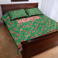 Traditional Malaysian Batik Floral Quilt Bed Set with Green Tulip and Red Blossom Pattern