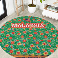 Traditional Malaysian Batik Floral Round Carpet with Green Tulip and Red Blossom Pattern
