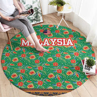 Traditional Malaysian Batik Floral Round Carpet with Green Tulip and Red Blossom Pattern