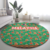 Traditional Malaysian Batik Floral Round Carpet with Green Tulip and Red Blossom Pattern