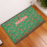Traditional Malaysian Batik Floral Rubber Doormat with Green Tulip and Red Blossom Pattern