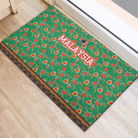 Traditional Malaysian Batik Floral Rubber Doormat with Green Tulip and Red Blossom Pattern