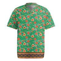 Traditional Malaysian Batik Floral Rugby Jersey with Green Tulip and Red Blossom Pattern