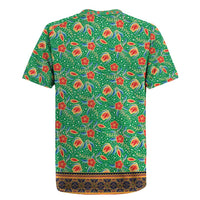 Traditional Malaysian Batik Floral Rugby Jersey with Green Tulip and Red Blossom Pattern