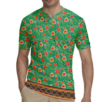 Traditional Malaysian Batik Floral Rugby Jersey with Green Tulip and Red Blossom Pattern