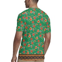 Traditional Malaysian Batik Floral Rugby Jersey with Green Tulip and Red Blossom Pattern