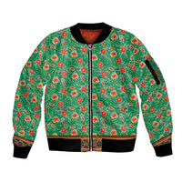Traditional Malaysian Batik Floral Sleeve Zip Bomber Jacket with Green Tulip and Red Blossom Pattern