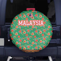 Traditional Malaysian Batik Floral Spare Tire Cover with Green Tulip and Red Blossom Pattern