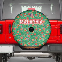 Traditional Malaysian Batik Floral Spare Tire Cover with Green Tulip and Red Blossom Pattern
