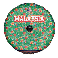 Traditional Malaysian Batik Floral Spare Tire Cover with Green Tulip and Red Blossom Pattern