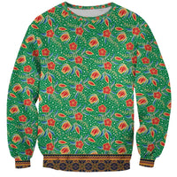 Traditional Malaysian Batik Floral Sweatshirt with Green Tulip and Red Blossom Pattern