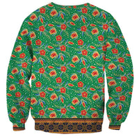 Traditional Malaysian Batik Floral Sweatshirt with Green Tulip and Red Blossom Pattern
