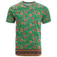 Traditional Malaysian Batik Floral T Shirt with Green Tulip and Red Blossom Pattern